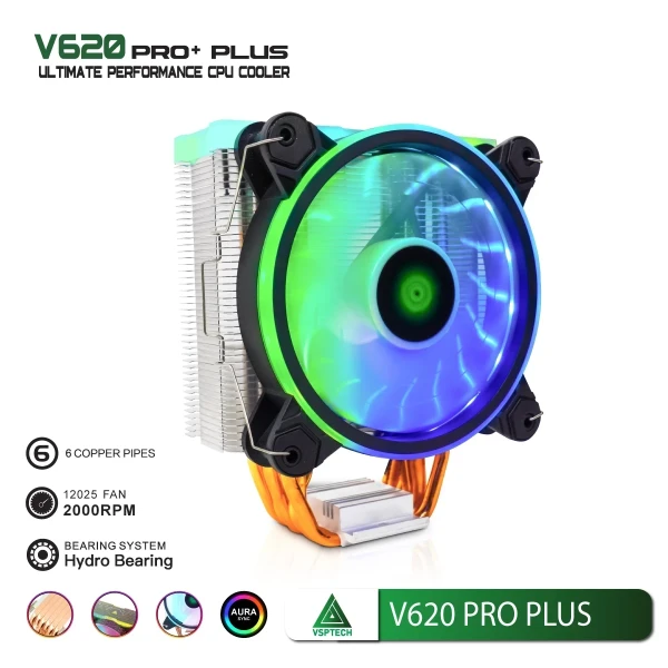 Tản Nhiệt Khí VSPTECH V620 PRO PLUS (ARGB / 6 Ống Đồng / Fan PWM 120mm / 2000 RPM)