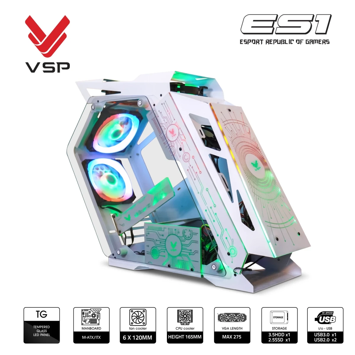 Vỏ Case Máy Tính VSP Esport Republic Of Gamers ES1 - Trắng