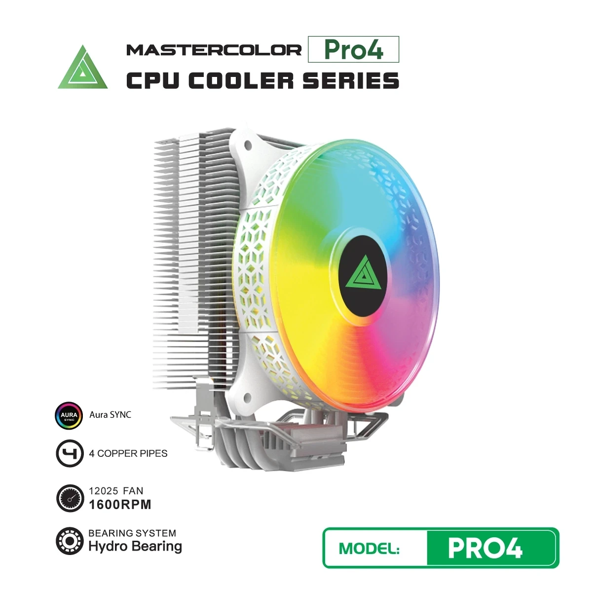 Tản Nhiệt Khí VSPTECH MASTERCOLOR PRO4 Trắng (ARGB Aura Sync / 4 Ống Đồng / Fan 120mm / TDP 150W)