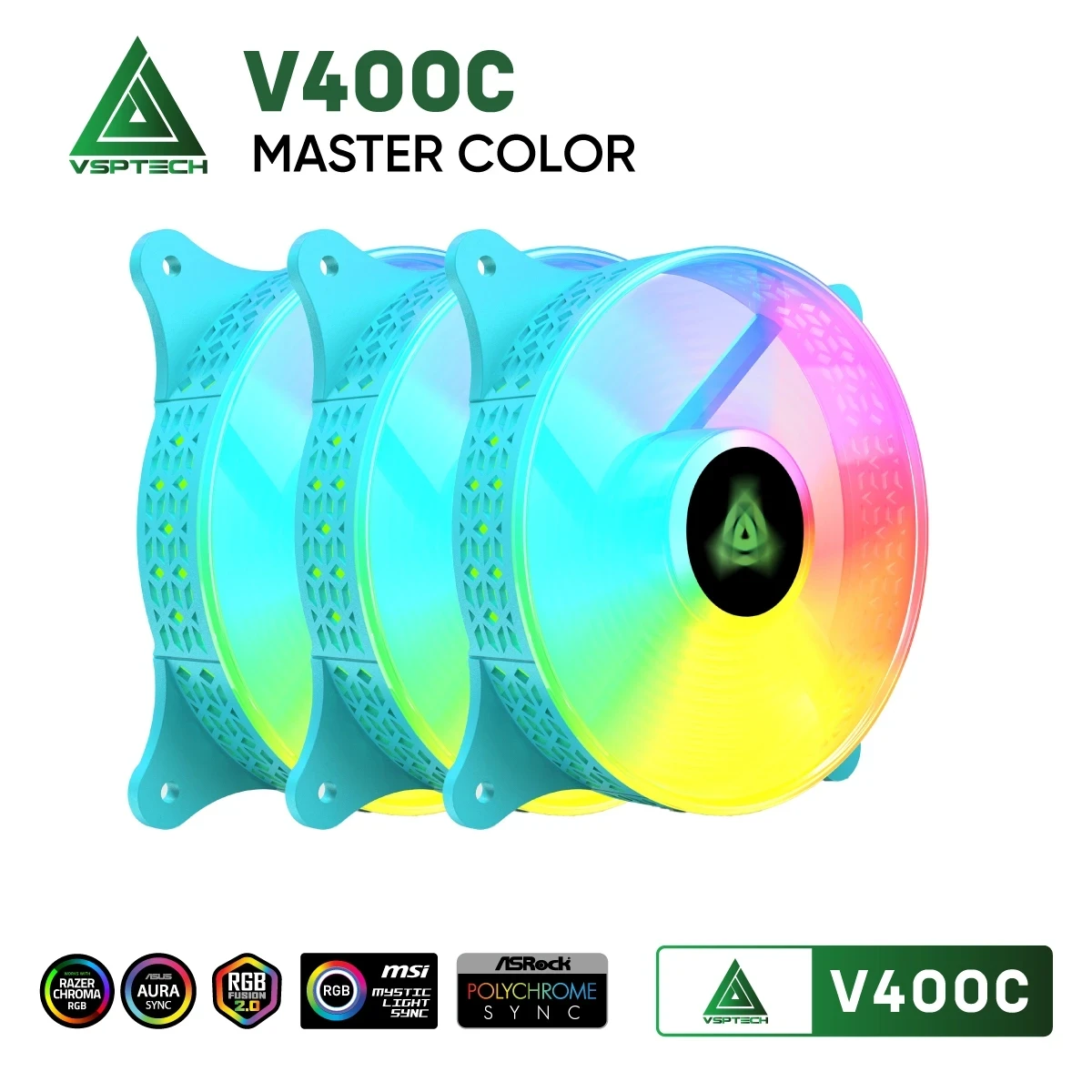 Combo Kit 3 Quạt Tản Nhiệt VSPTECH V400C Xanh (LED RGB / FDB Bearing / Kèm Hub & Remote)