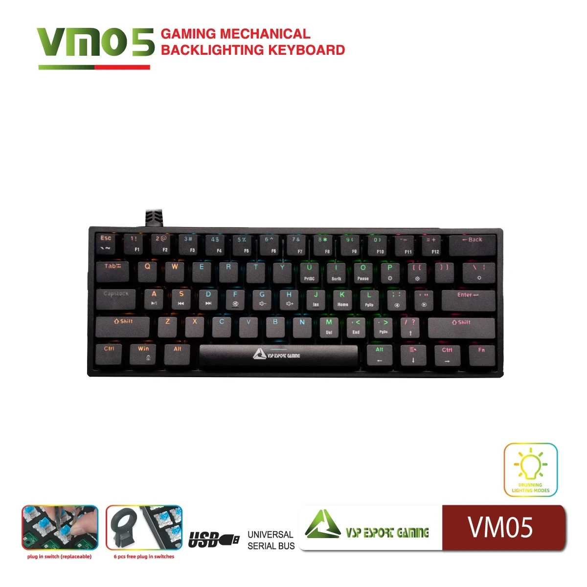 Bàn Phím Cơ VSP eSport Gaming VM05 Đen (Mini 60% / Hot-swap / LED RGB)