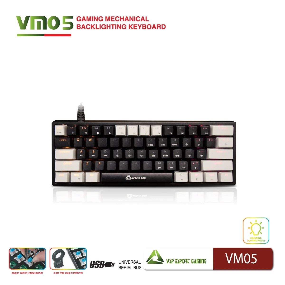 Bàn Phím Cơ VSP eSport Gaming VM05 Xám Đen (Mini 60% / Hot-swap / LED RGB)
