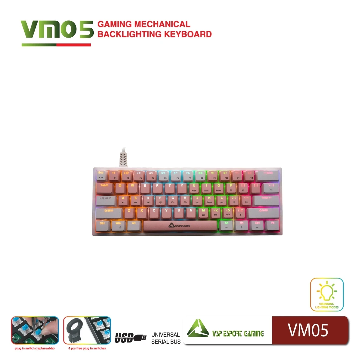 Bàn Phím Cơ VSP eSport Gaming VM05 Hồng (Mini 60% / Hot-swap / LED RGB)
