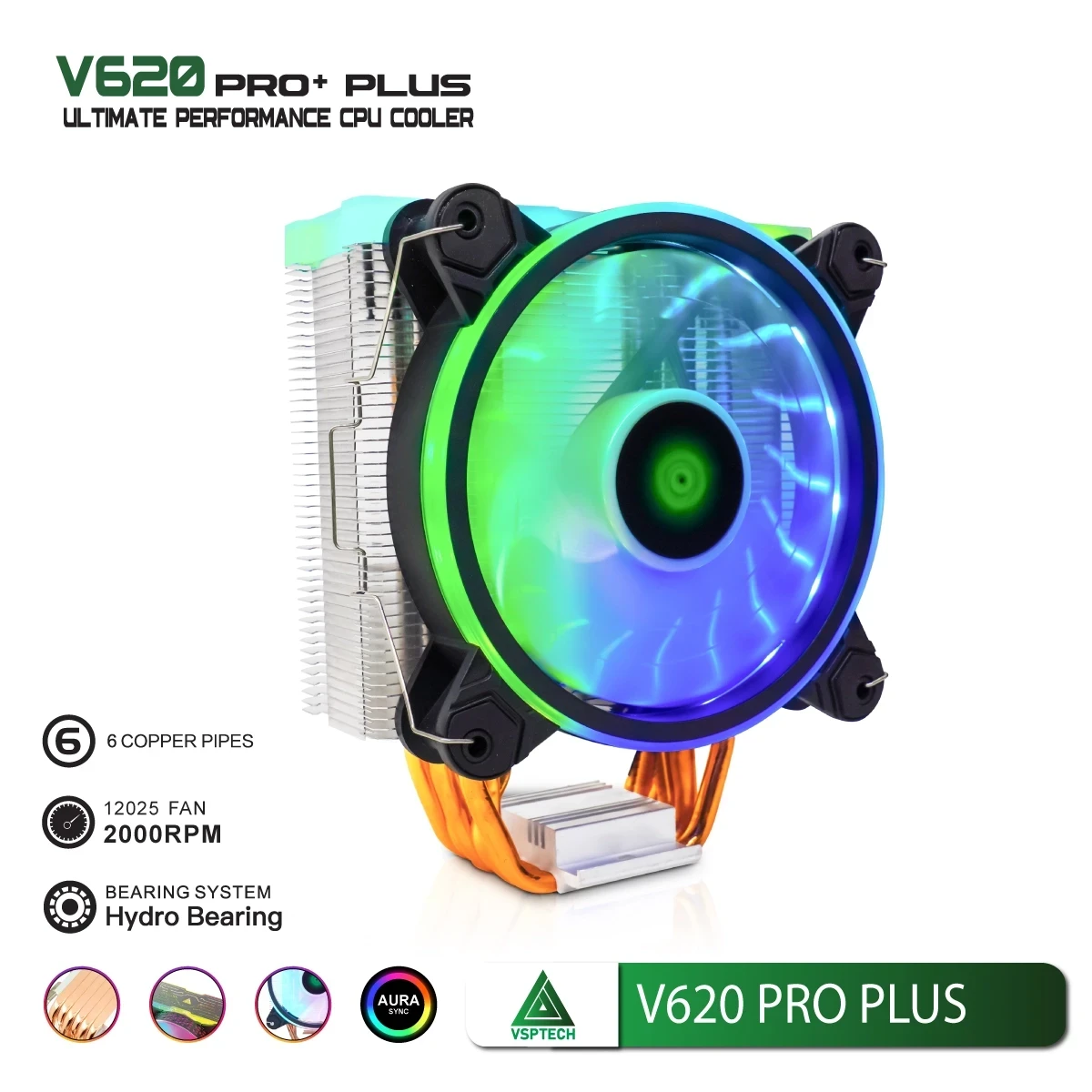 Tản Nhiệt Khí VSPTECH V620 PRO PLUS (ARGB / 6 Ống Đồng / Fan PWM 120mm / 2000 RPM)