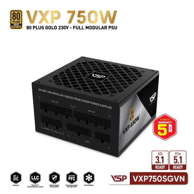 Bộ nguồn VSP VXP750SGVN - 80 Plus Gold - 750W - Full modular