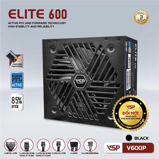 Bộ nguồn công suất thực VSP Elite Active PFC V600P - Đen