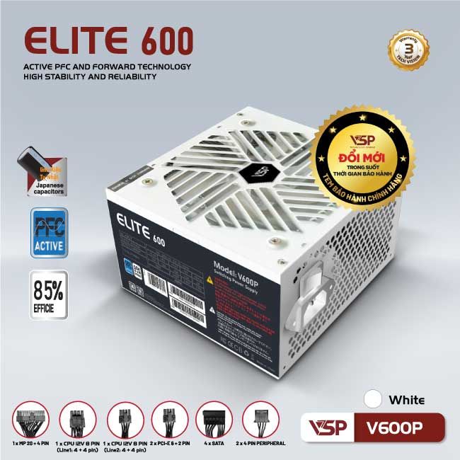 Bộ nguồn công suất thực VSP Elite Active PFC V600P - Trắng