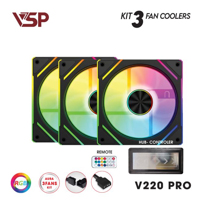 Fan Case VSP V220 Pro (Bộ 3 quạt 120mm + Hub | Đen)