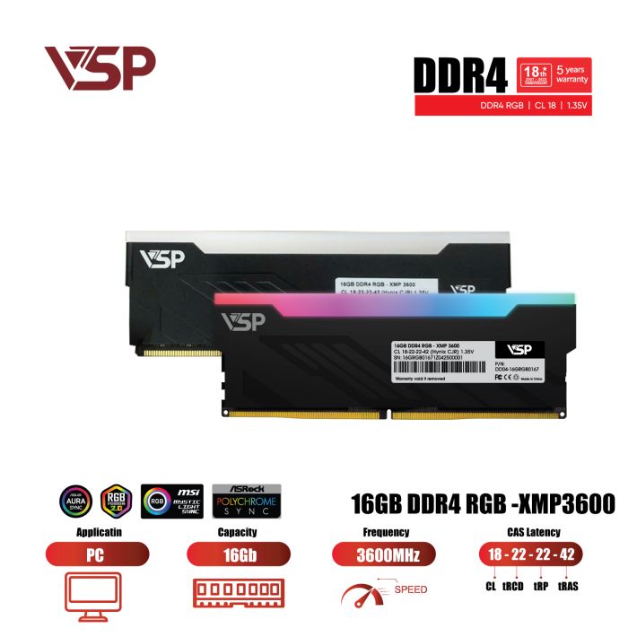 Ram PC VSP LED RGB DDR4 RGB 16Gb - 3600MHz - Đen