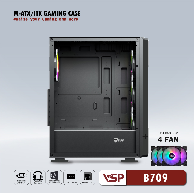 CASE VSP GAMING Mid Tower B709 - Black + 4Fans Led