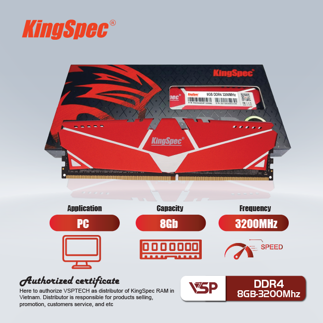 Ram PC KingSpec DDR4 8Gb - 3200MHz