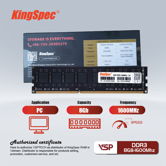 Ram PC KingSpec DDR3 8Gb - 1600MHz