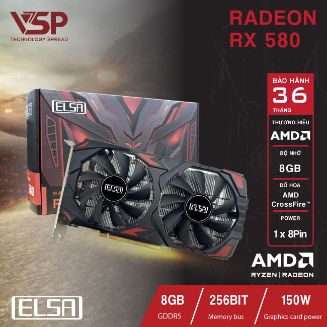 VGA gaming ELSA AMD Radeon  RX580 2048sp 8GB GDDR5 256BIT