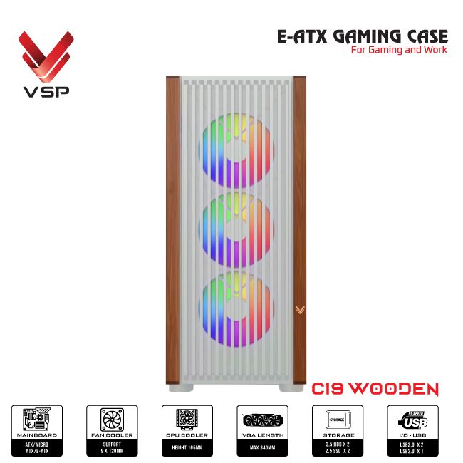 Case VSP E-ATX Gaming C19 Wooden - White
