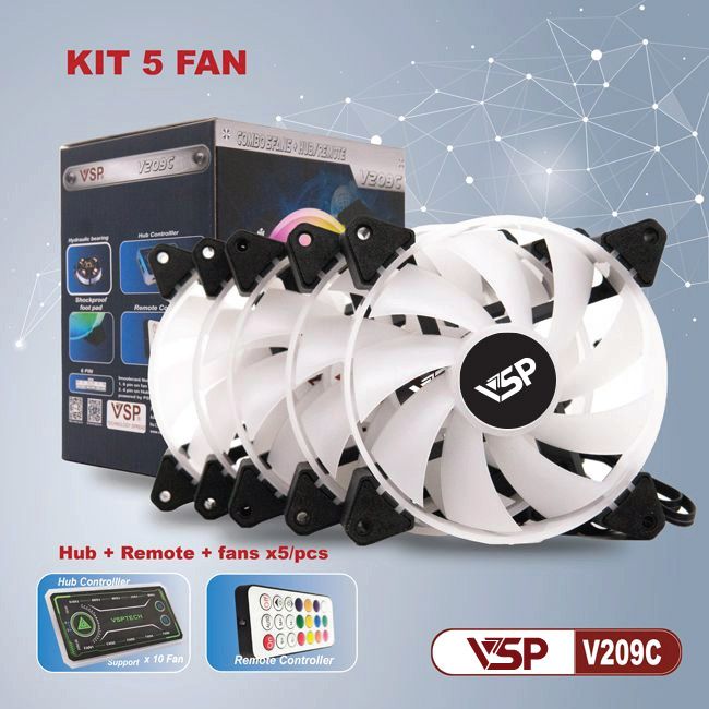 Quạt tản nhiệt VSP Bộ 5 fan + hub Led RGB V209C