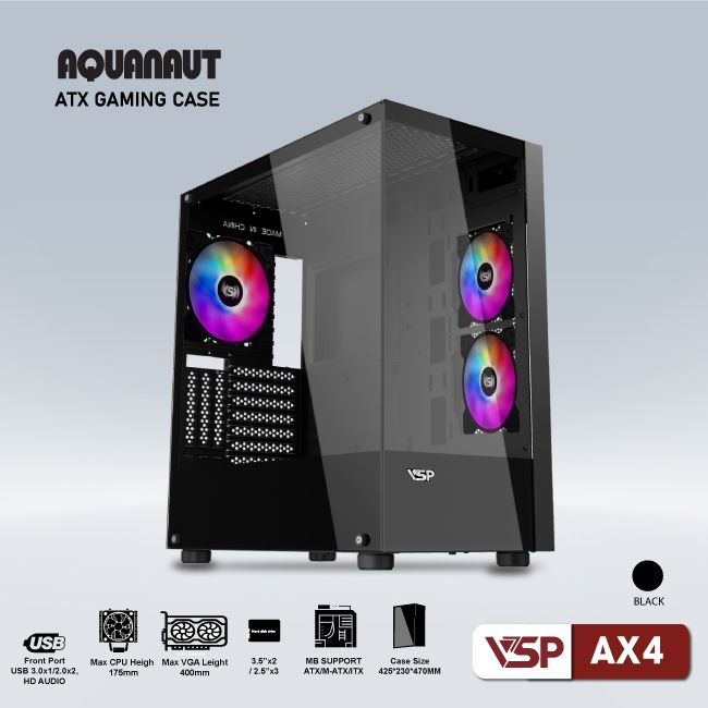 Vỏ Case Máy Tính Gaming Aquanaut AX4 2 mặt kính - Đen