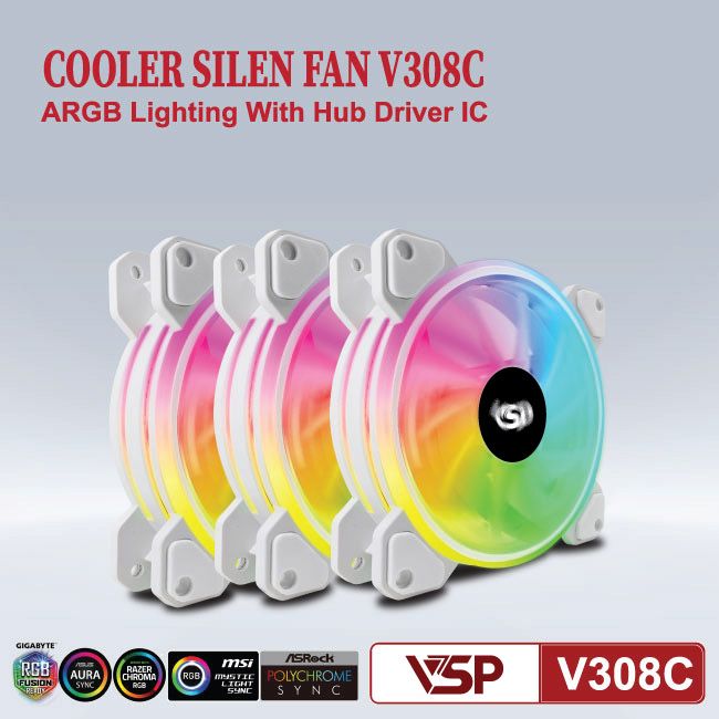 Combo quạt tản nhiệt + Hub  VSP LED RGB V308C x3 fan