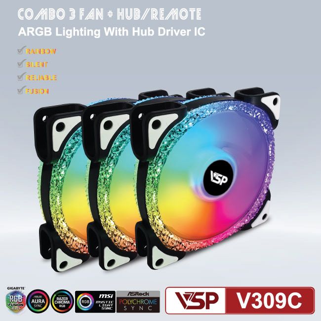 Combo quạt tản nhiệt + Hub  VSP LED RGB V309C x3 fan