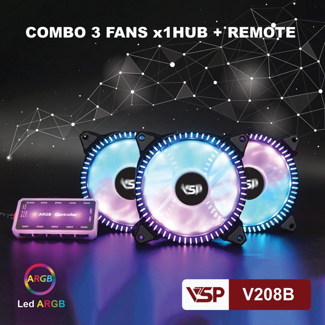 Quạt tản nhiệt VSP BỘ 3 FAN + HUB LED ARGB V208B