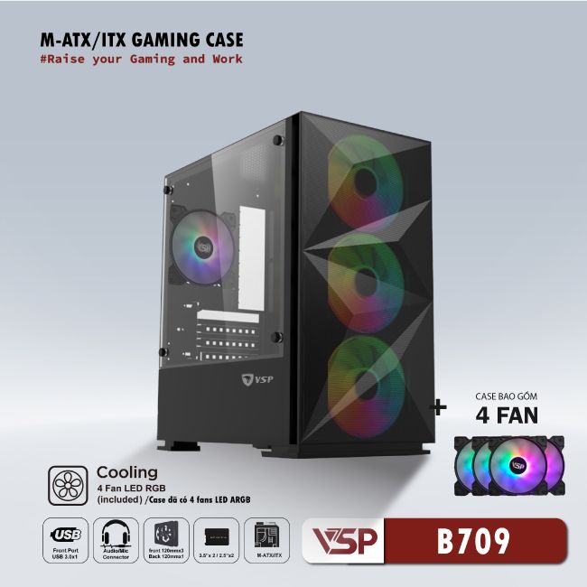 Vỏ Case Máy Tính VSP Gaming Mid Tower B709 - Đen + 4Fans Led 