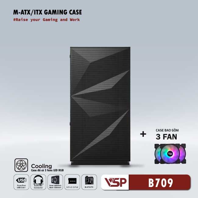 Vỏ Case Máy Tính VSP Gaming Mid Tower B709 - Đen + 3 Fans Led  