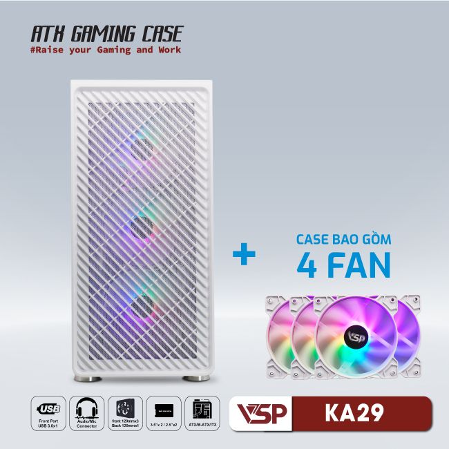 VỎ CASE MÁY TÍNH VSP GAMING KA29- Trắng + 4Fans Led