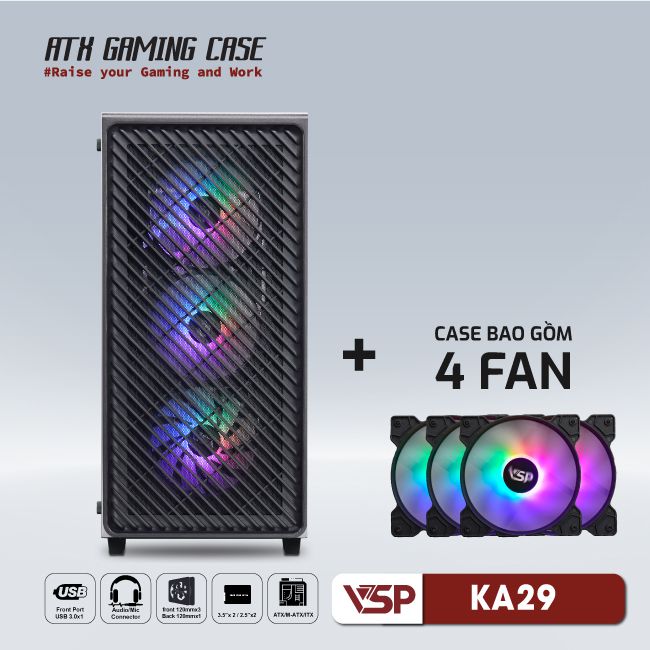 VỎ CASE MÁY TÍNH VSP GAMING KA29- Đen + 4Fans Led