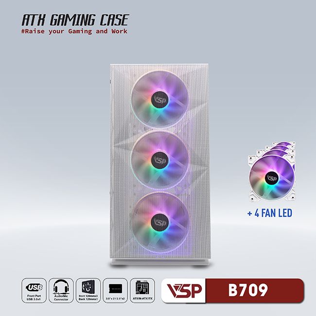 Vỏ Case Máy Tính VSP Gaming Mid Tower B709 - Trắng + 4Fans Led 