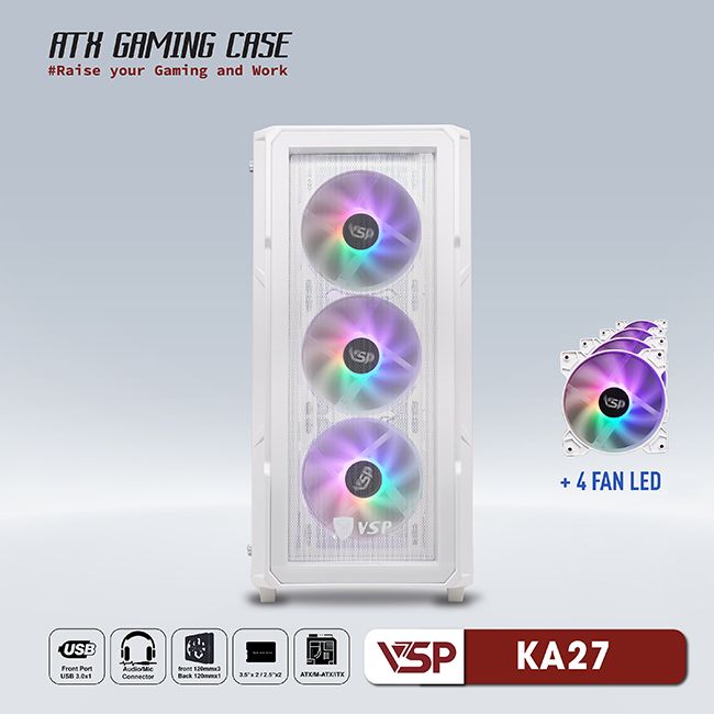 VỎ CASE MÁY TÍNH VSP GAMING KA27- Trắng + 4Fans Led