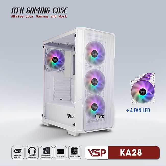 VỎ CASE MÁY TÍNH VSP GAMING KA28- Trắng + 4Fans Led