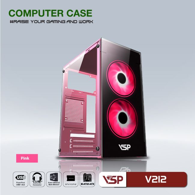 Vỏ Case Máy Tính VSP V212 - Hồng - Không kèm fan