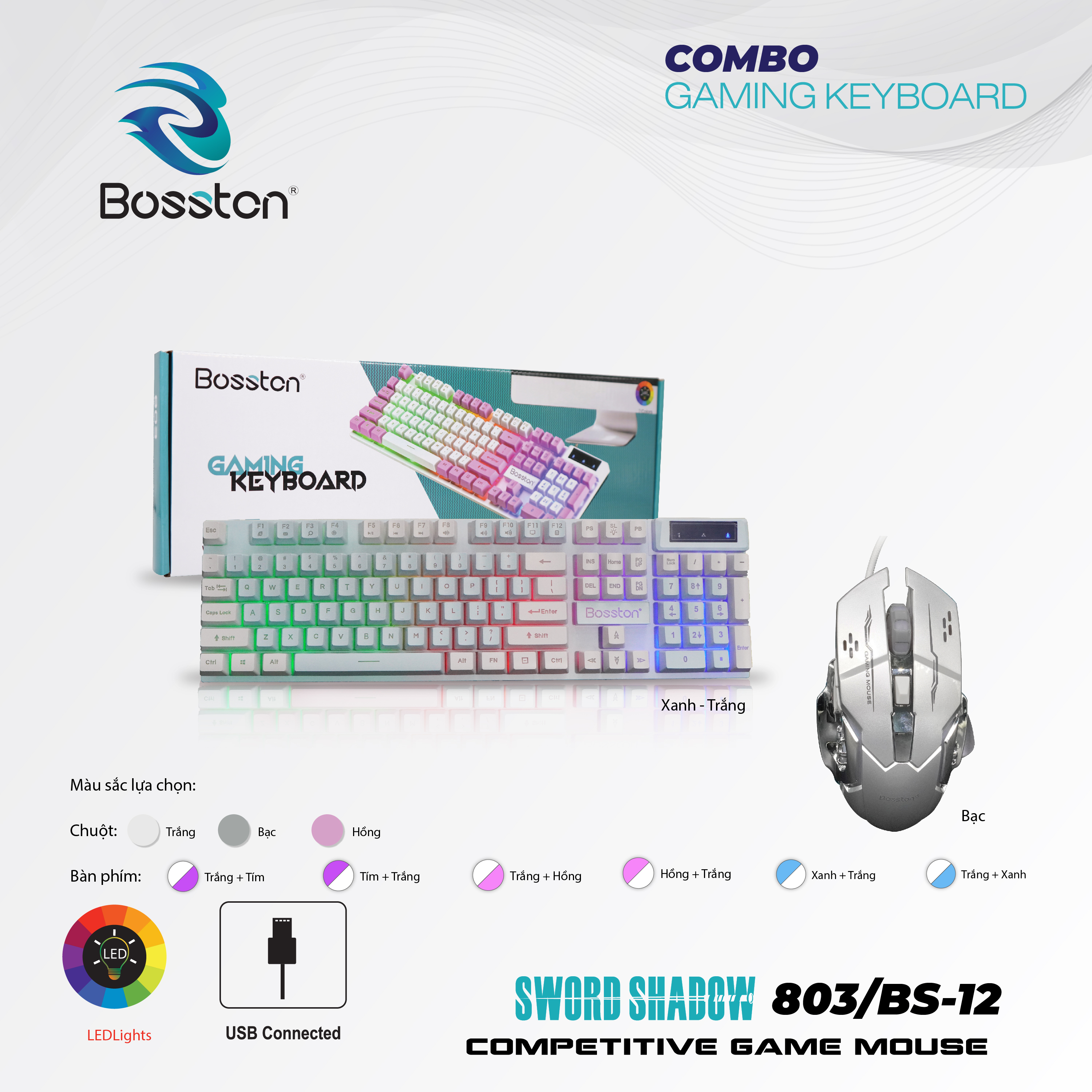 Combo bàn phím giả cơ Bosston 803 + Chuột gaming BS12 đèn Led| Xanh-Trắng 