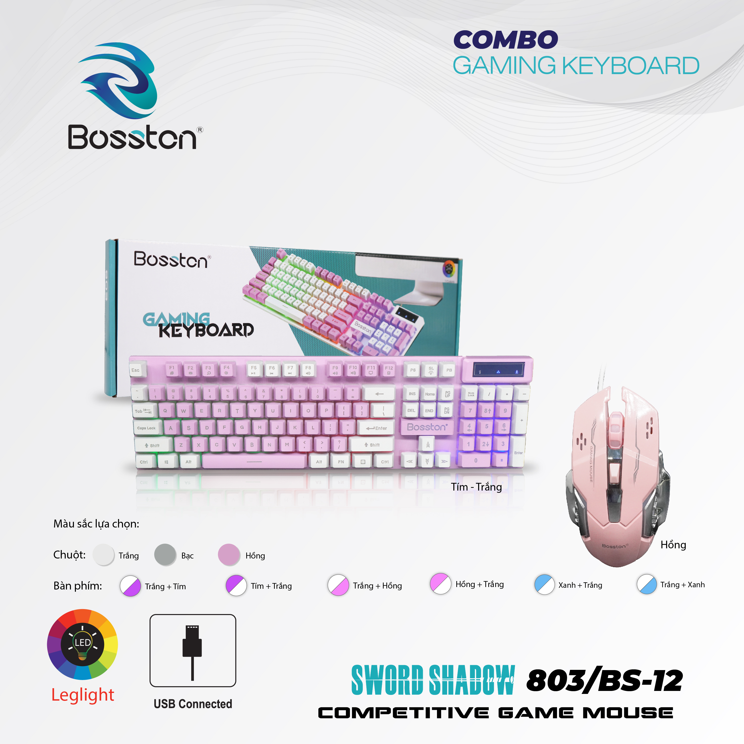 Combo bàn Phím Giả Cơ Bosston 803 + Mouse Gaming BS12 Tím - Trắng