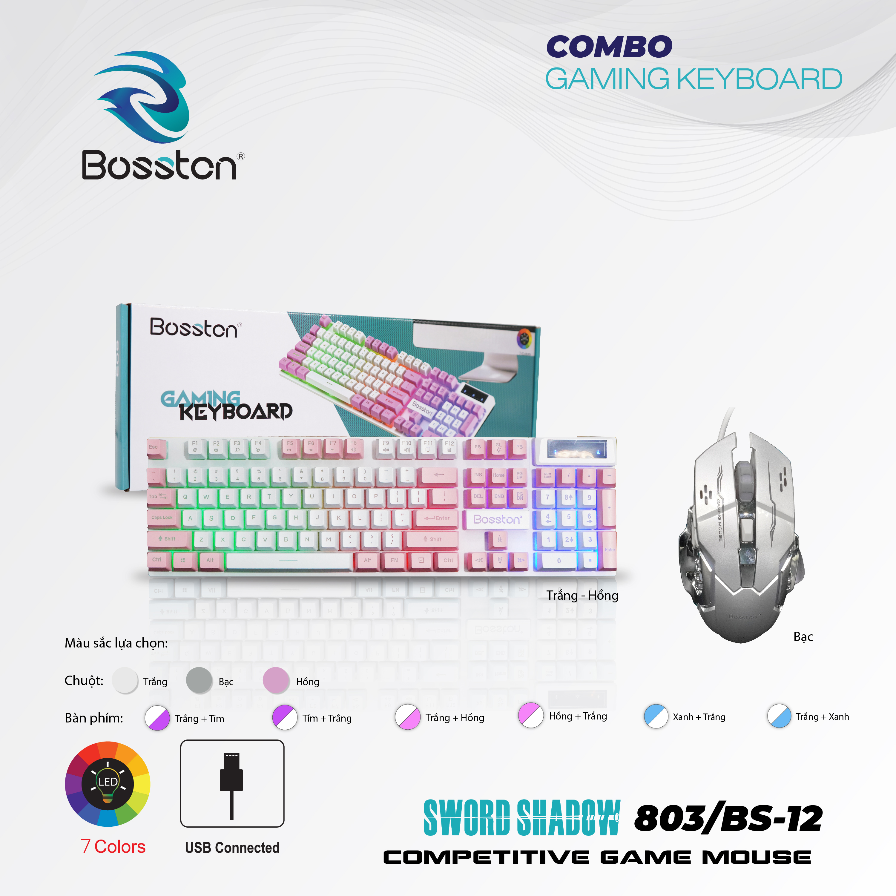 Combo Bàn Phím Giả Cơ Bosston 803 + Mouse Gaming BS12 Ledlight Trắng - Hồng