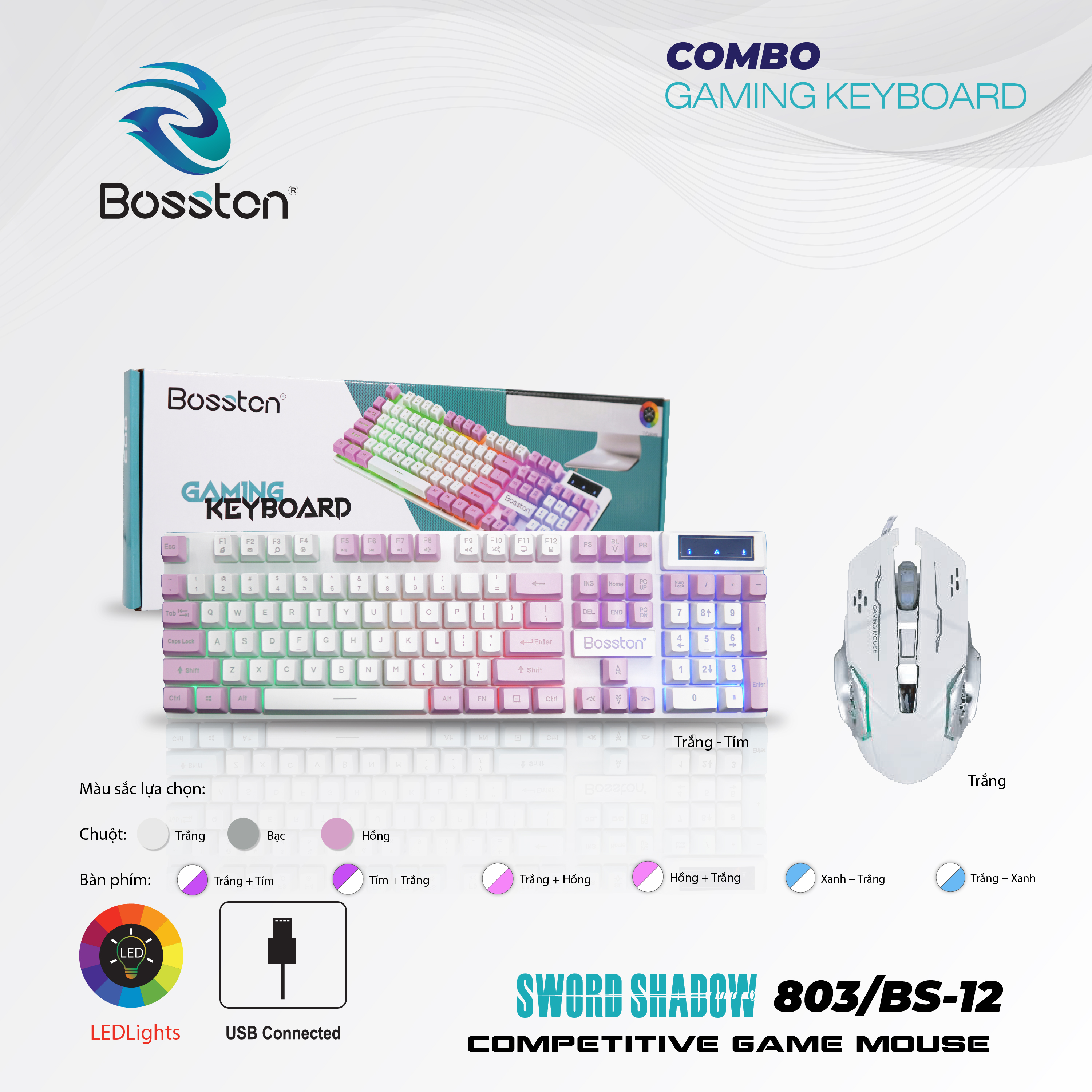 Combo Bàn Phím Giả Cơ Bosston 803 + Mouse Gaming BS12 Trắng-Tím