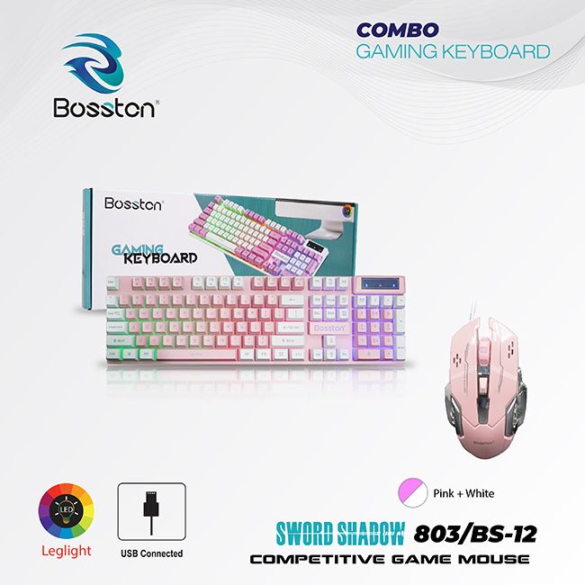 Combo bàn Phím Giả Cơ Bosston 803 + Mouse Gaming BS12 Ledlight Hồng-Trắng